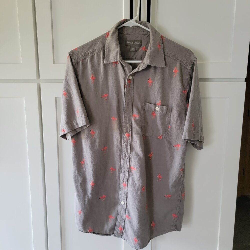 Mens Medium Falls Creek button up down gray casual shirt w flamingo print
